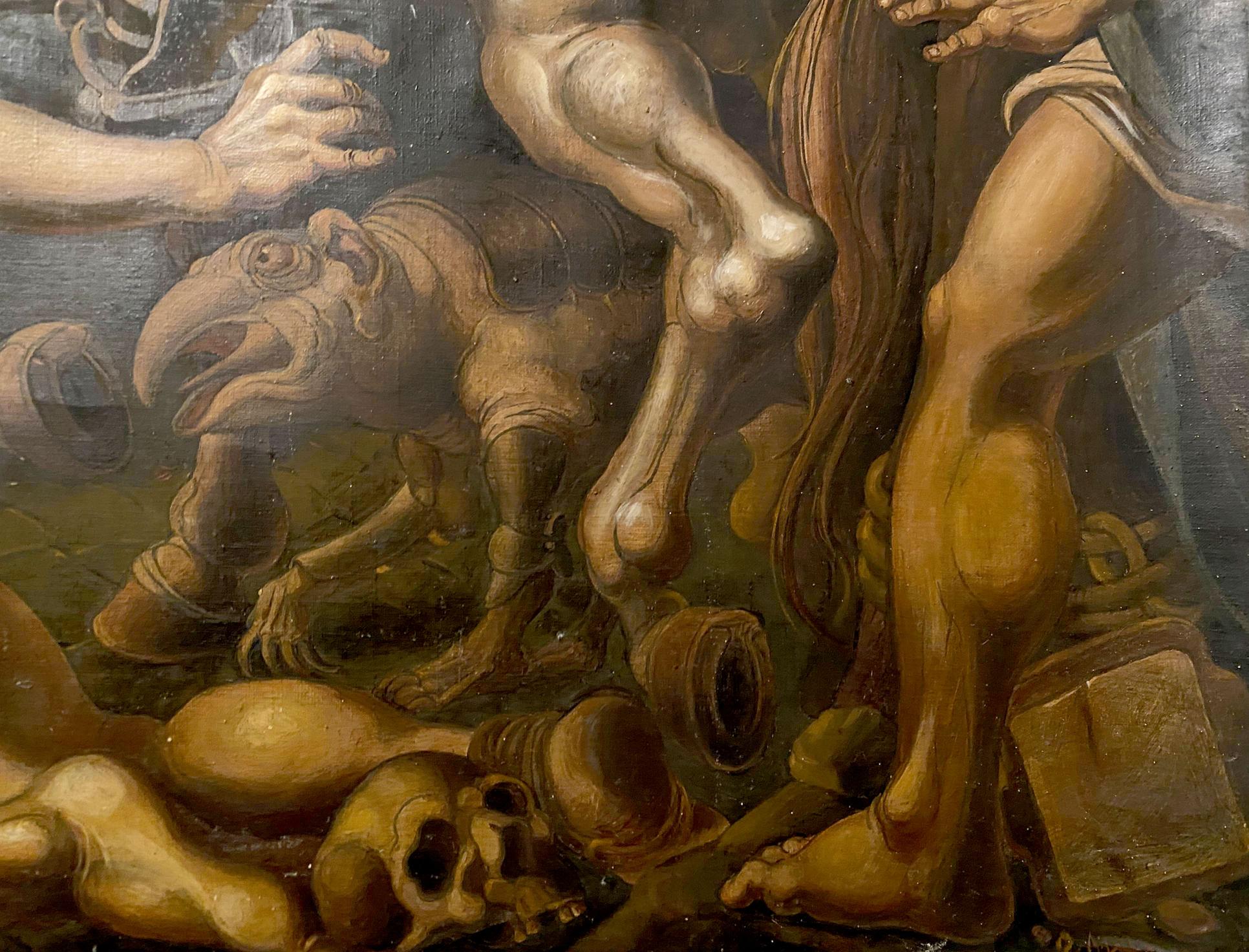 Oil painting Crucifixion by Litvinov Oleg Arkad’yevich: horned beast amid skulls