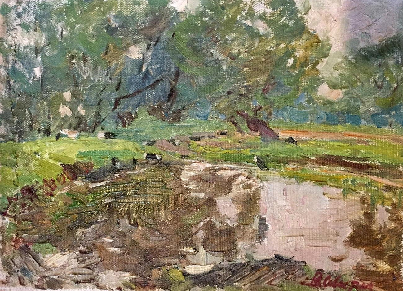 Oil painting of swamp landscape with lush green trees and reflective stream