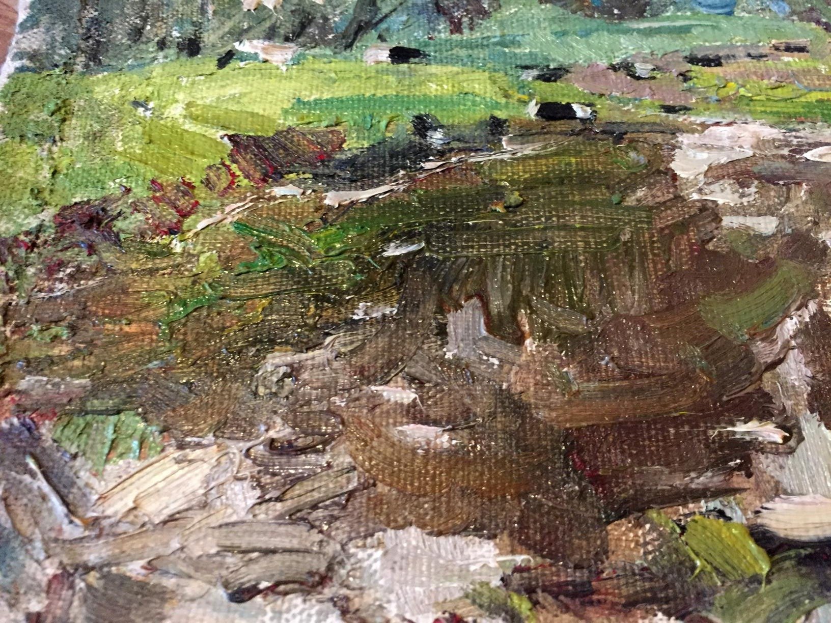 Impasto textured swamp oil painting in green, brown earthy tones