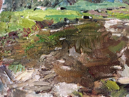 Impasto textured swamp oil painting in green, brown earthy tones