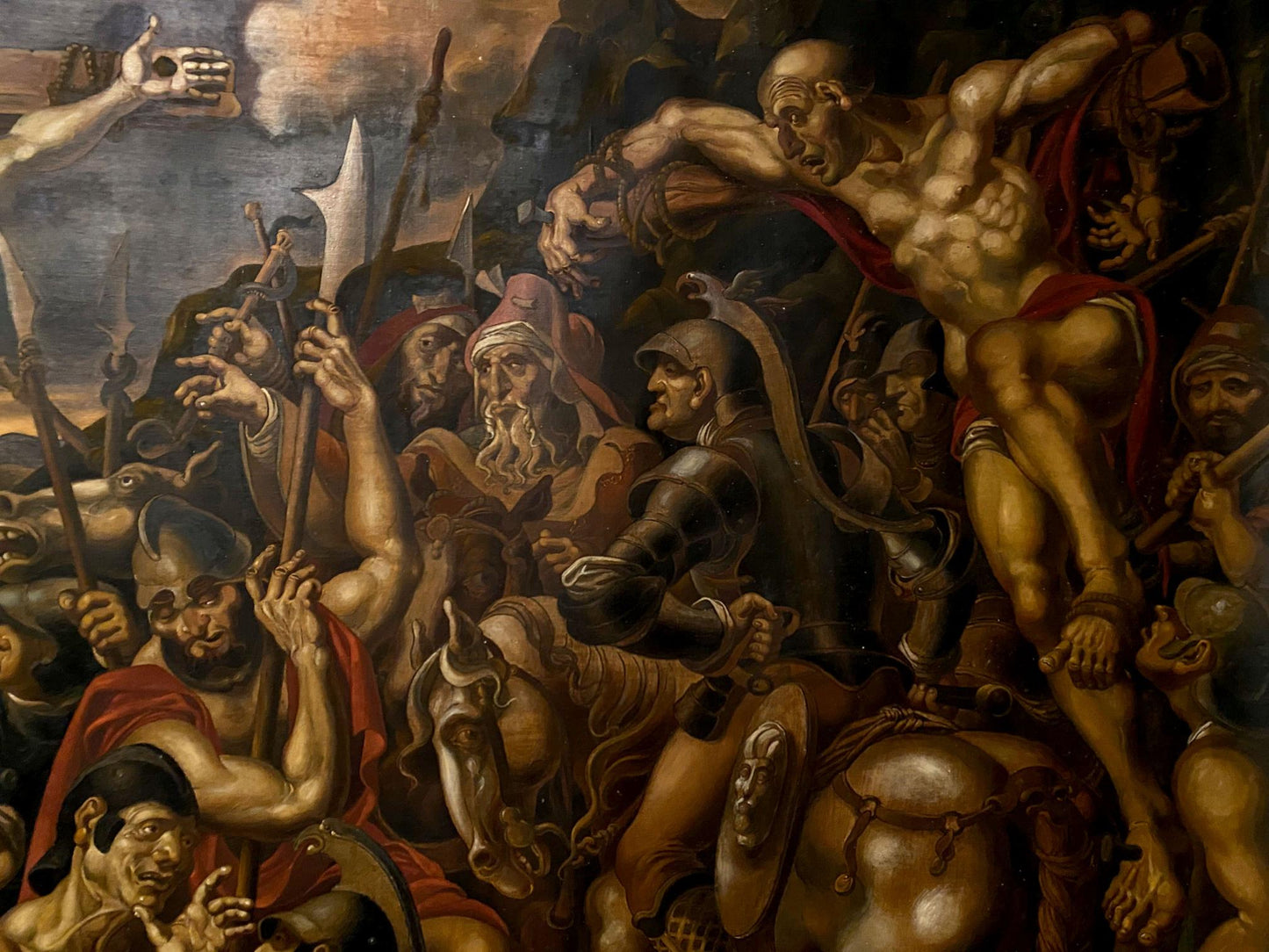 Oil painting of muscular bare-chested warrior in red cloak amid battle by Litvinov Oleg Arkad’yevich