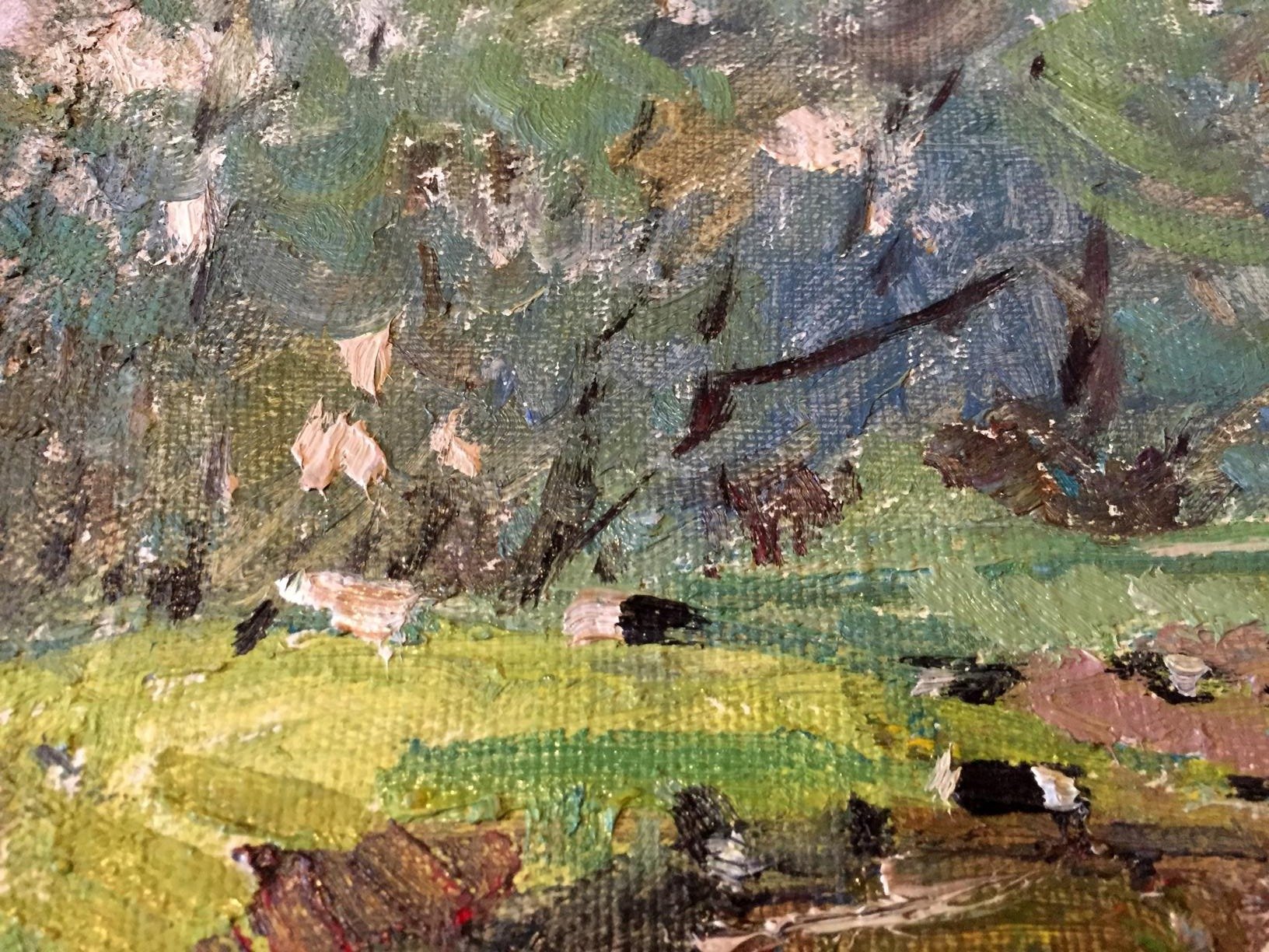 Oil painting swamp: textured impasto landscape in greens, browns, blues