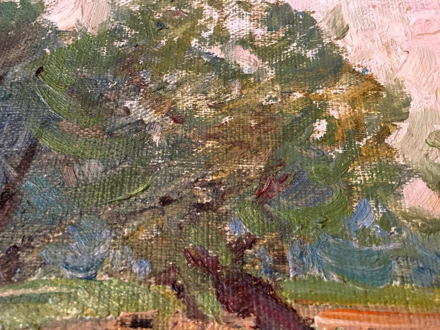 Oil painting swamp: textured canvas with thick impasto greens, blues, earth tones