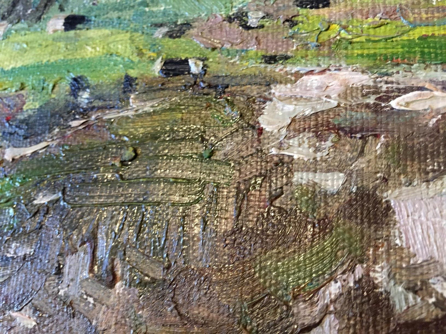 Oil painting swamp: textured canvas with thick impasto green and brown layers