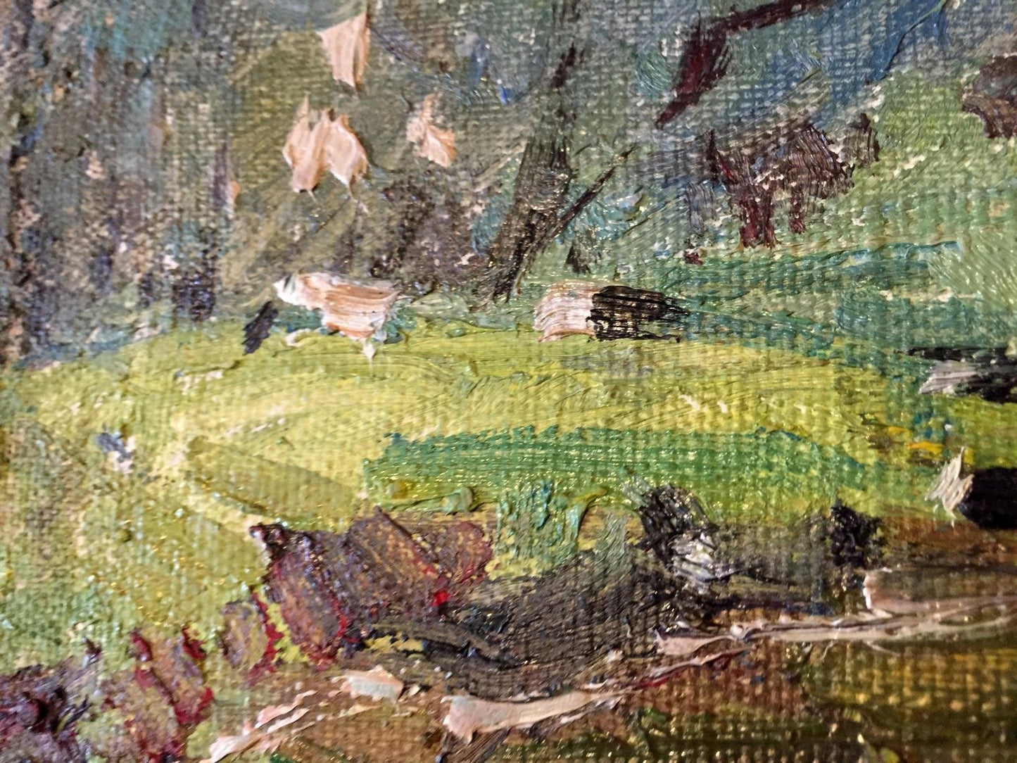 Textured green and brown Oil painting swamp with visible brushstrokes