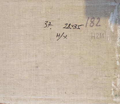Back of Oil Painting Swamp: beige canvas with handwritten markings and faded stamp