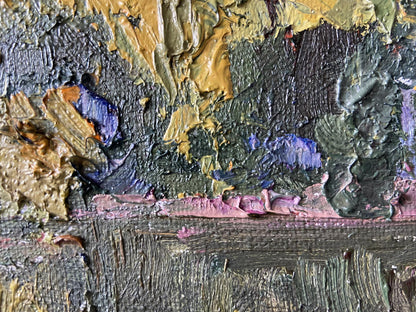 Oil painting It is getting dark by Gaponchenko Ivan Ivanovich, impasto greens, yellows, purples, pink band