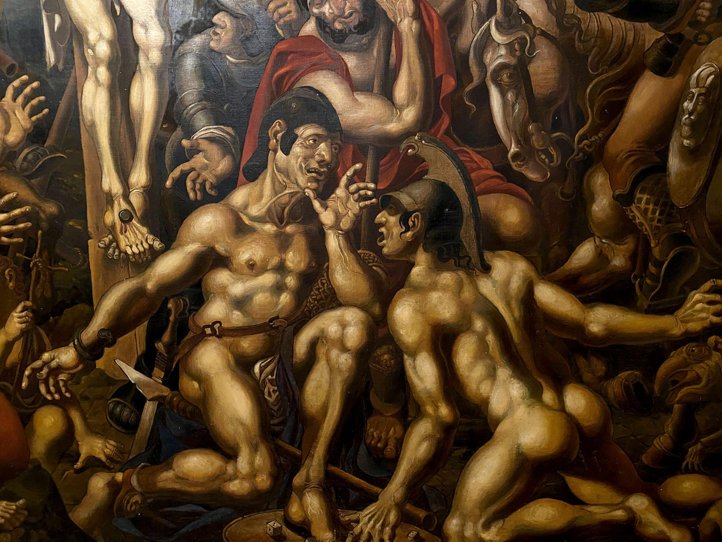 Oil painting Crucifixion by Litvinov Oleg Arkad’yevich: muscular nude male with helmet and cloak