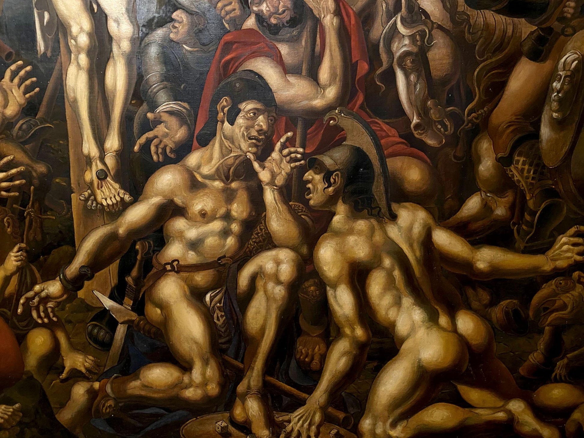 Oil painting Crucifixion by Litvinov Oleg Arkad’yevich: muscular nude male with helmet and cloak