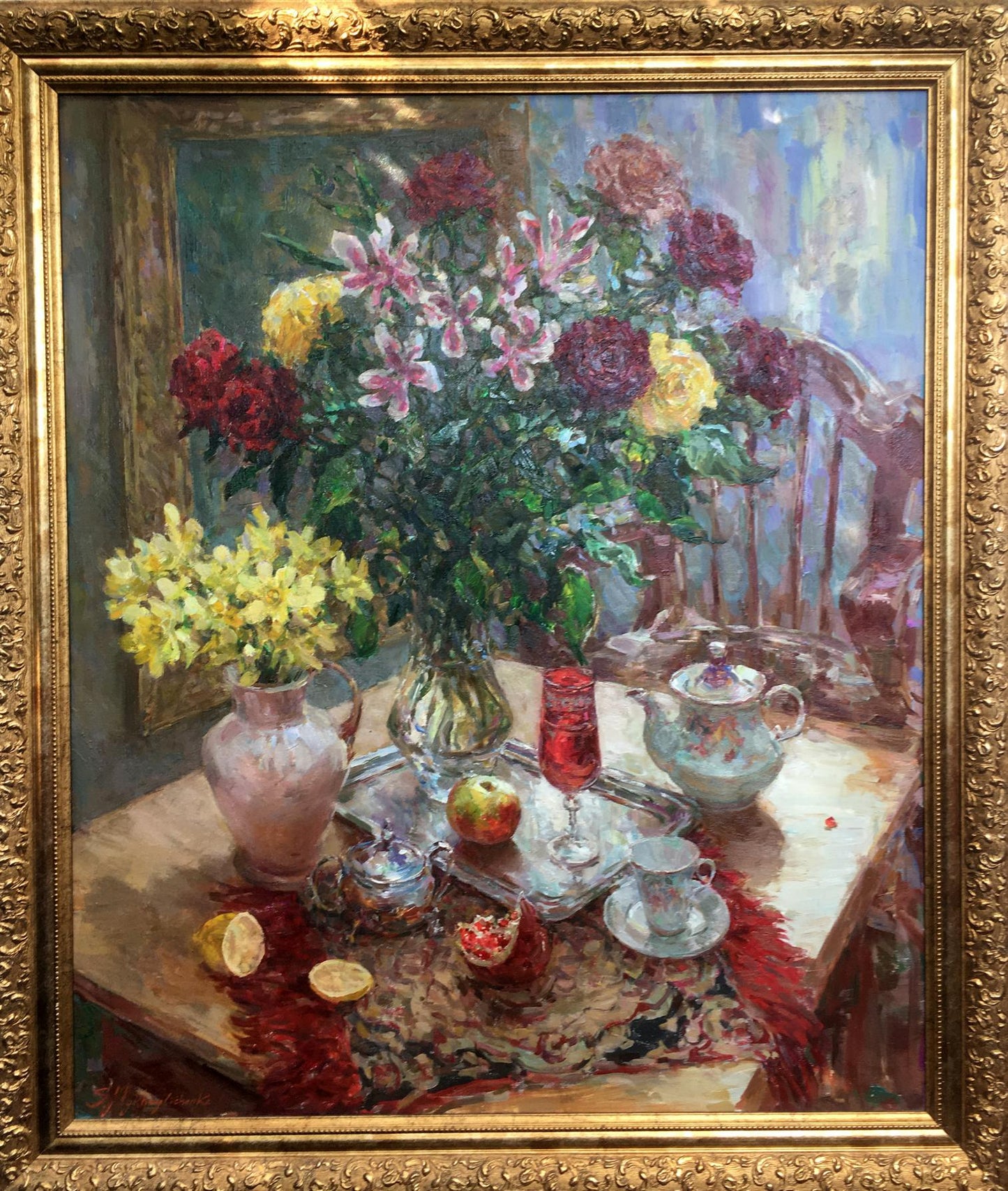 Oil painting of vibrant pink lilies, red roses, yellow blooms by Sergey Mikhailichenko