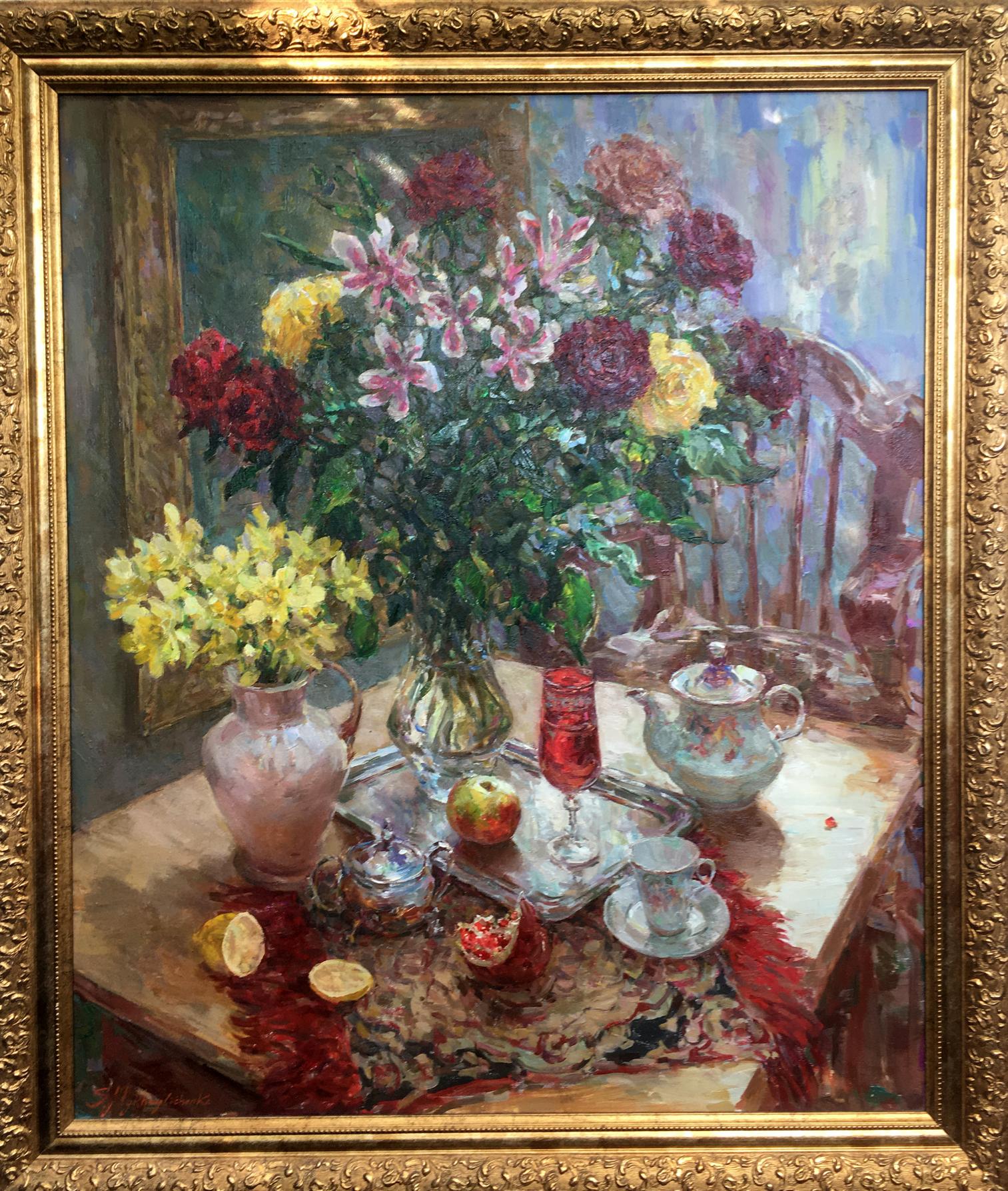 Oil painting of vibrant pink lilies, red roses, yellow blooms by Sergey Mikhailichenko