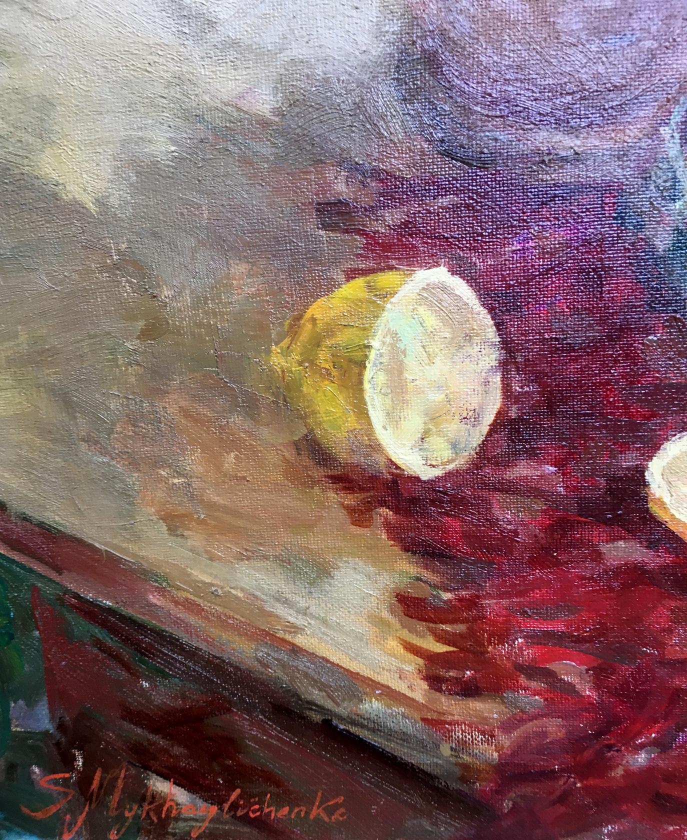 Oil painting of vibrant yellow lemon and red yellow roses by Sergey Mikhailichenko