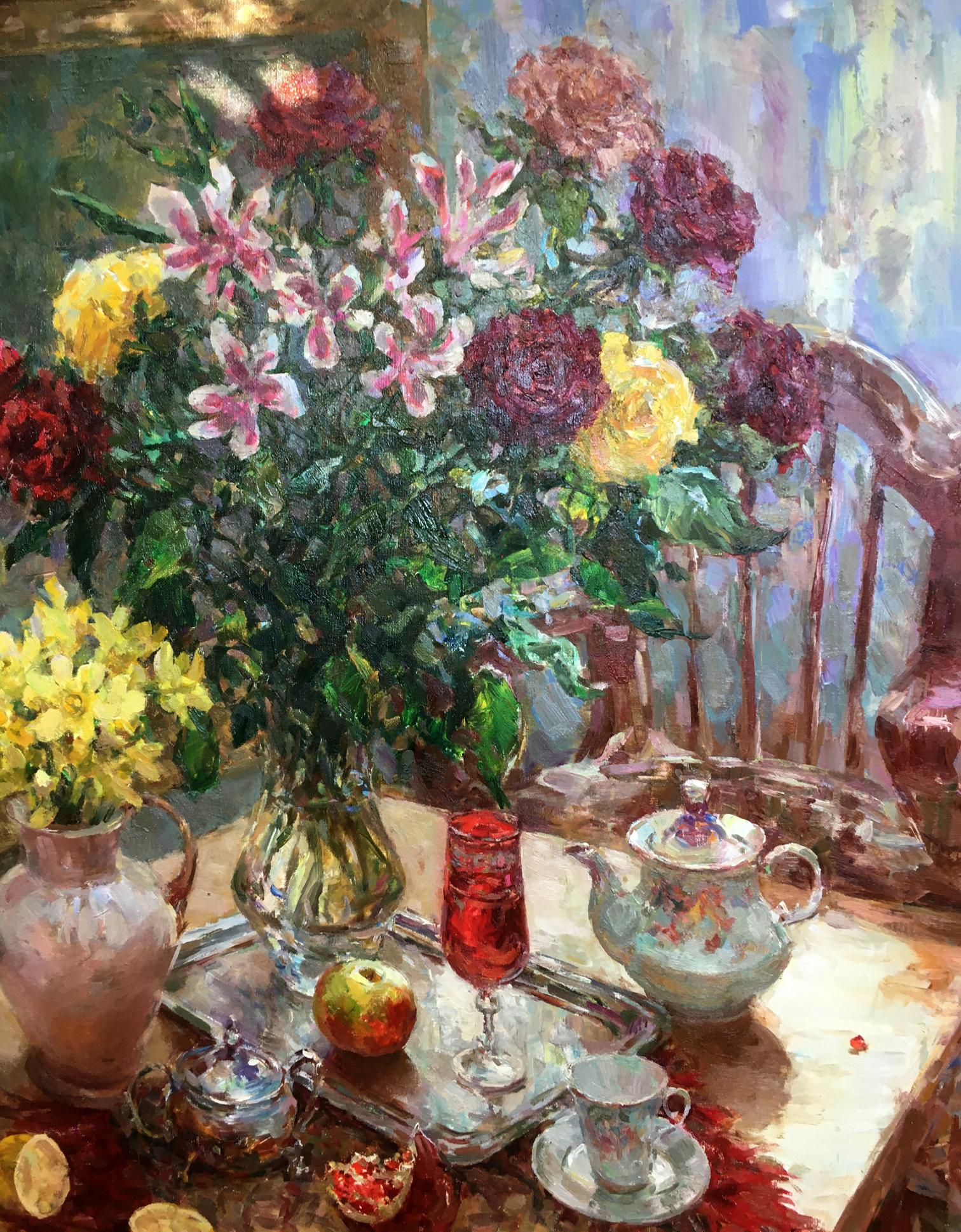 Oil painting of vibrant red yellow roses still life by Sergey Mikhailichenko