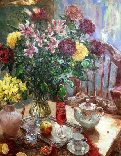 Oil painting of vibrant red yellow roses still life by Sergey Mikhailichenko