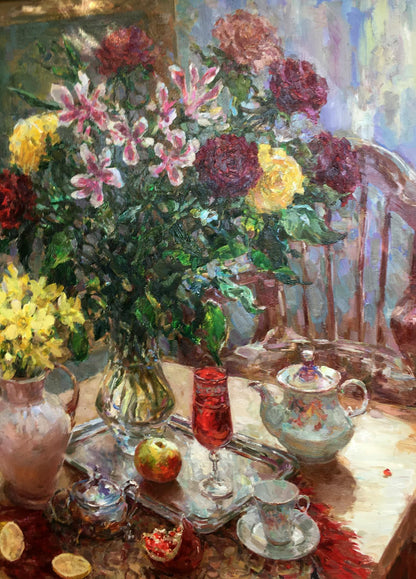 Oil painting of vibrant red yellow roses still life by Sergey Mikhailichenko