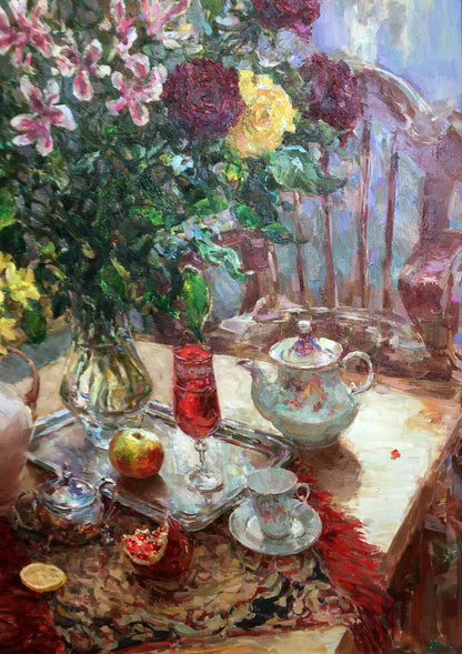 Oil painting of vibrant pink, yellow, red roses by Sergey Mikhailichenko
