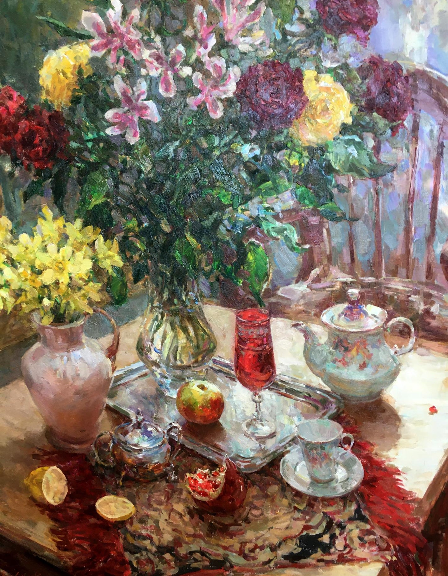 Oil painting of vibrant red yellow roses in glass vase by Sergey Mikhailichenko