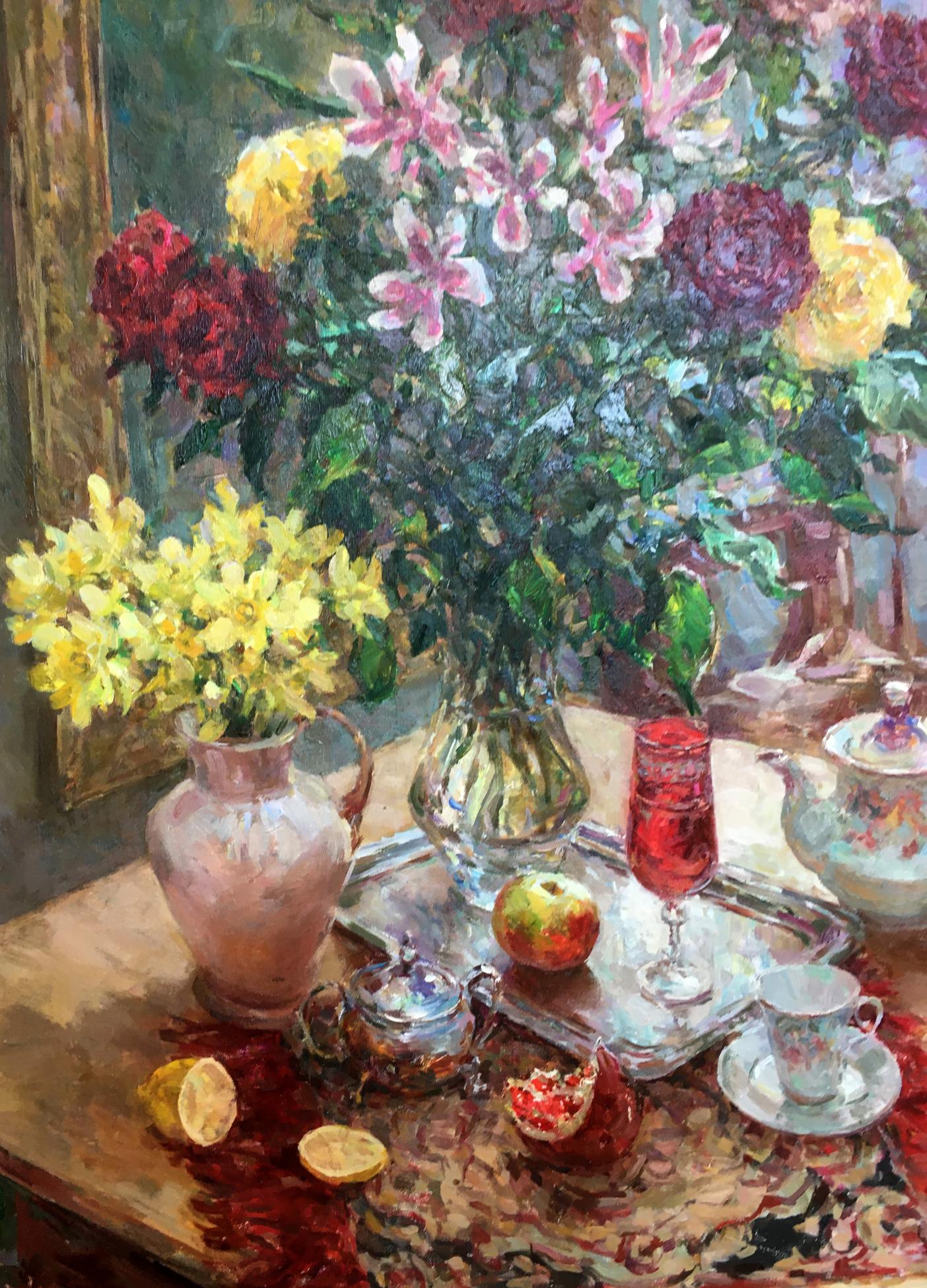 Oil painting of vibrant pink lilies, red and yellow roses by Sergey Mikhailichenko