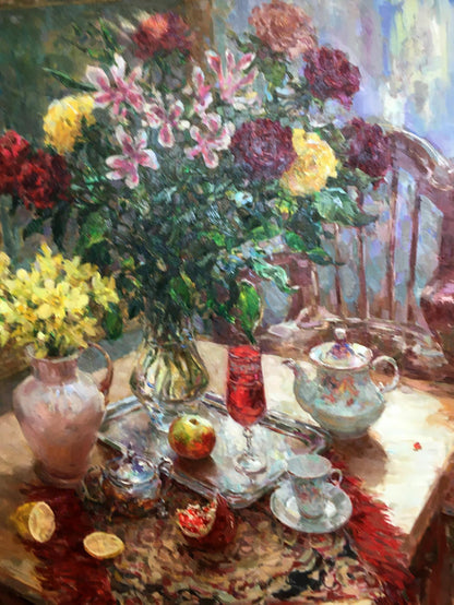 Oil painting of vibrant red and yellow roses by Sergey Mikhailichenko