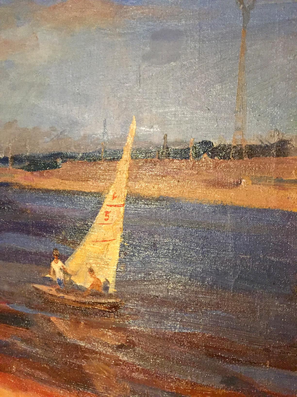Oil painting of yellow sailboat with red markings by Boldyreva Evdokia Gavrilovna
