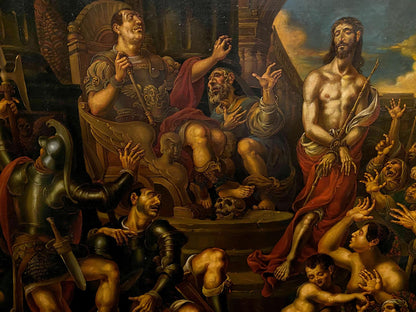 The central figure is a painted depiction of jesus christ, shown shirtless with long dark hair and beard, wearing a flowing red robe draped over his lower body.