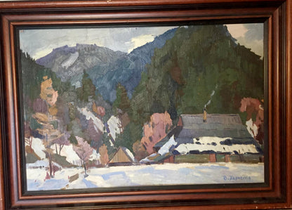 Framed oil painting of snowy mountain village by Kharchenko Vladimir Ivanovich