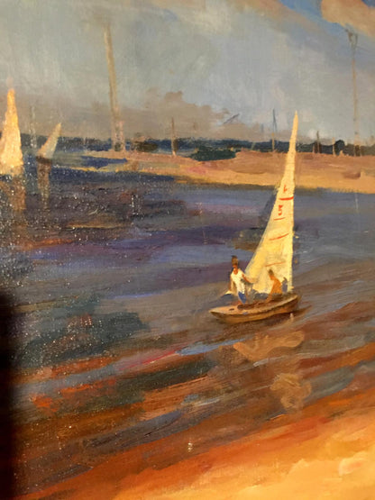 Impressionistic oil painting of white sailboat with red 5 on sail by Boldyreva Evdokia Gavrilovna