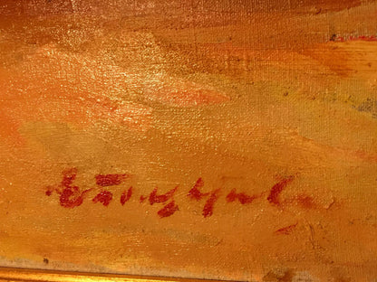 Red cursive signature on textured orange canvas of Boldyreva Evdokia Gavrilovna oil painting