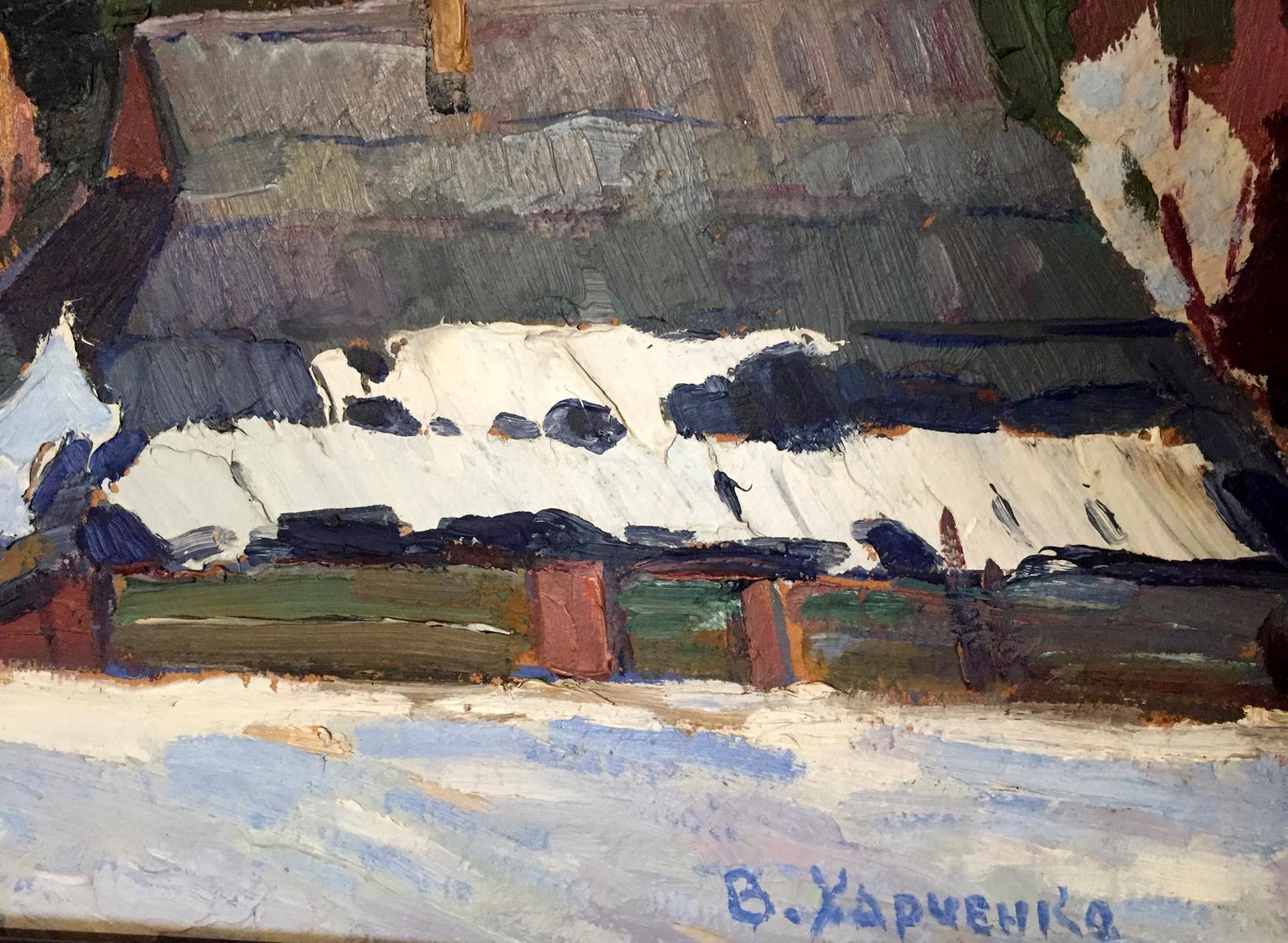 Oil painting of lonely snow-covered house in forest by Kharchenko Vladimir Ivanovich