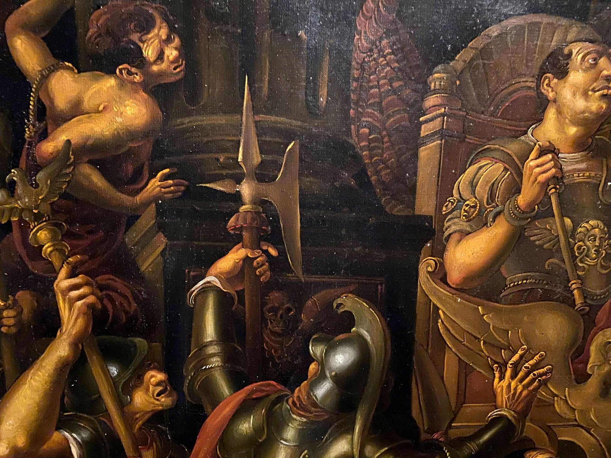 Oil painting Christ before Pilate by Litvinov Oleg Arkad’yevich: armored figure holds ornate bronze spear