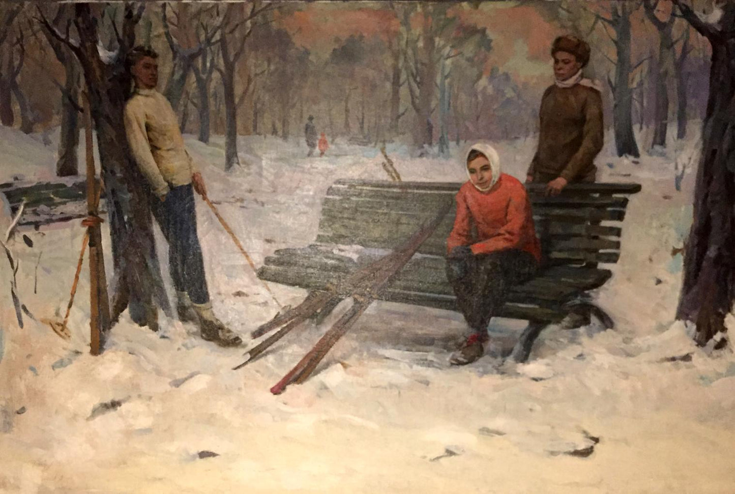 Oil painting of snowy wooden park bench by M.y Grigory Semenovich