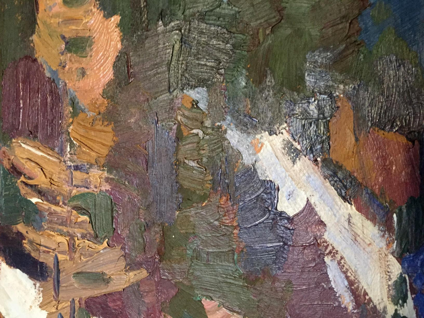 Oil painting of lonely house in forest by Kharchenko Vladimir Ivanovich, textured impasto in earthy tones