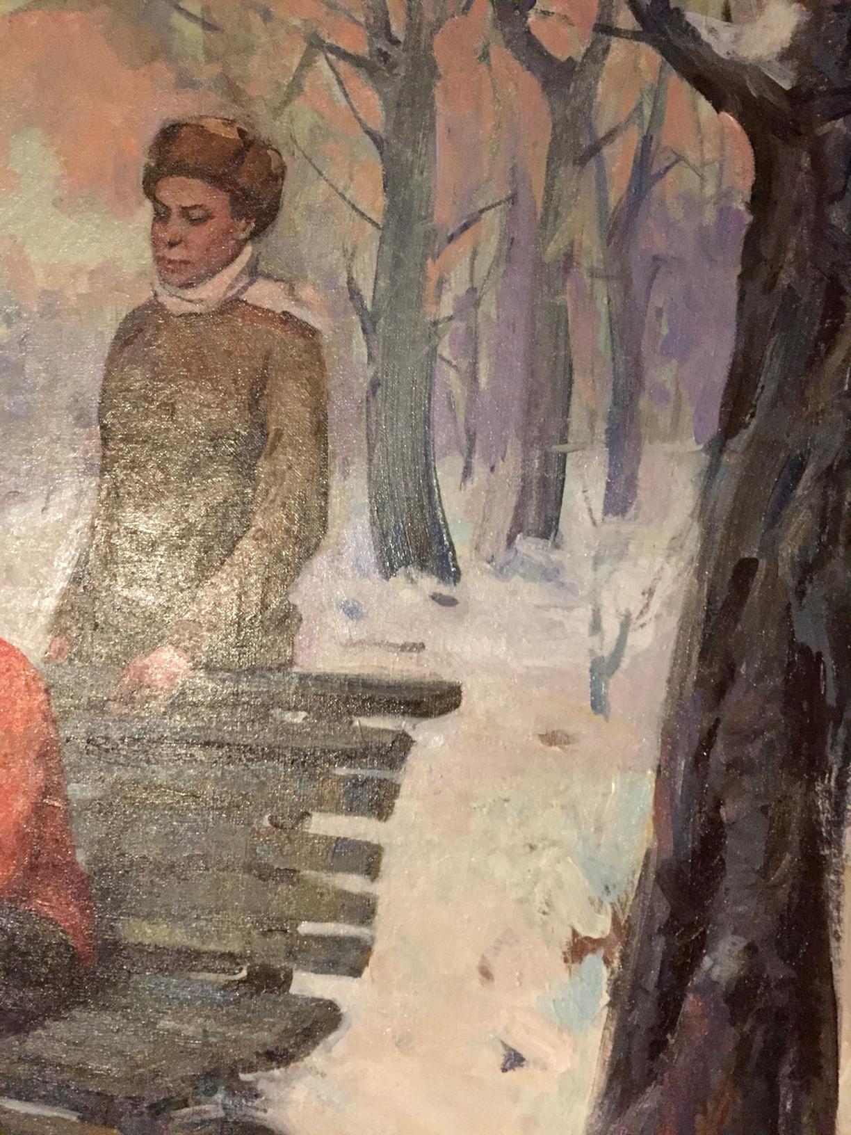 Oil painting by M.y Grigory Semenovich: woman in brown coat by snowy bench in winter park
