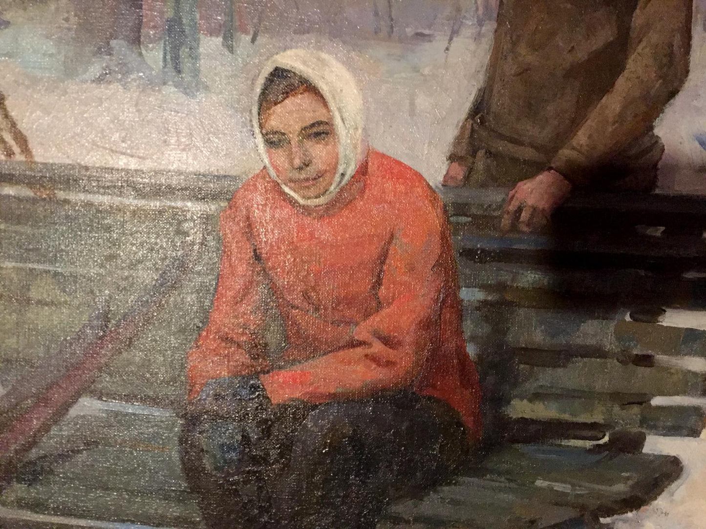 Oil painting of woman in orange sweater and white headscarf on winter park bench by M.y Grigory Semenovich