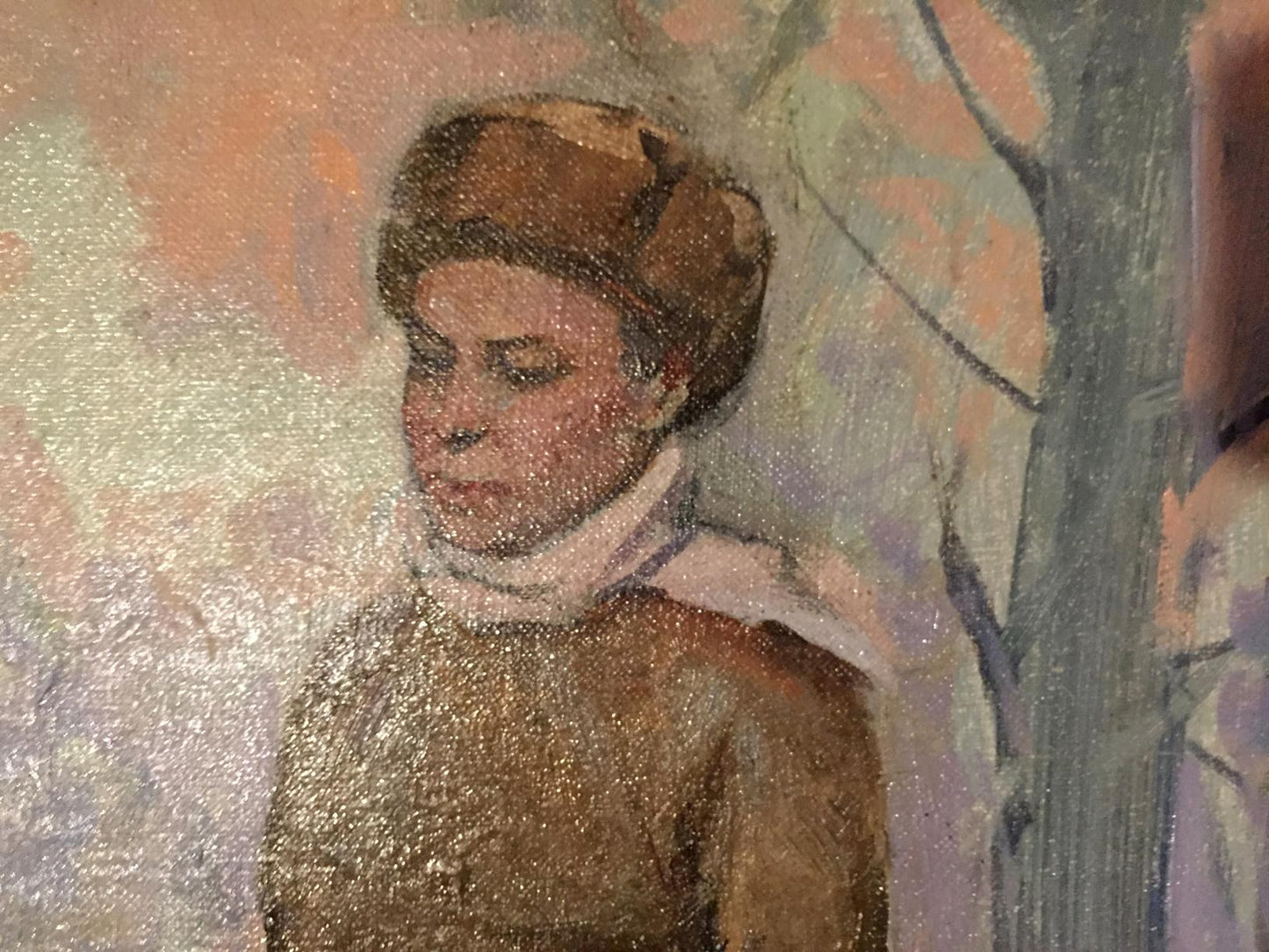 Textured oil painting portrait by M.y Grigory Semenovich of woman in brown fur hat