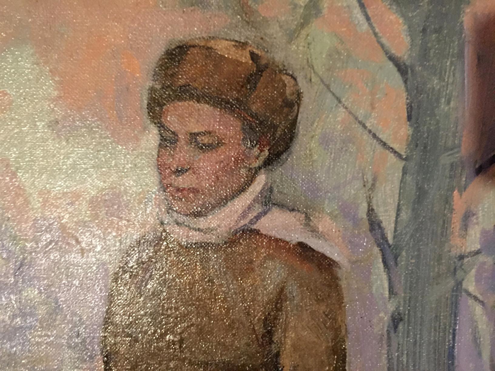 Textured oil painting portrait by M.y Grigory Semenovich of woman in brown fur hat