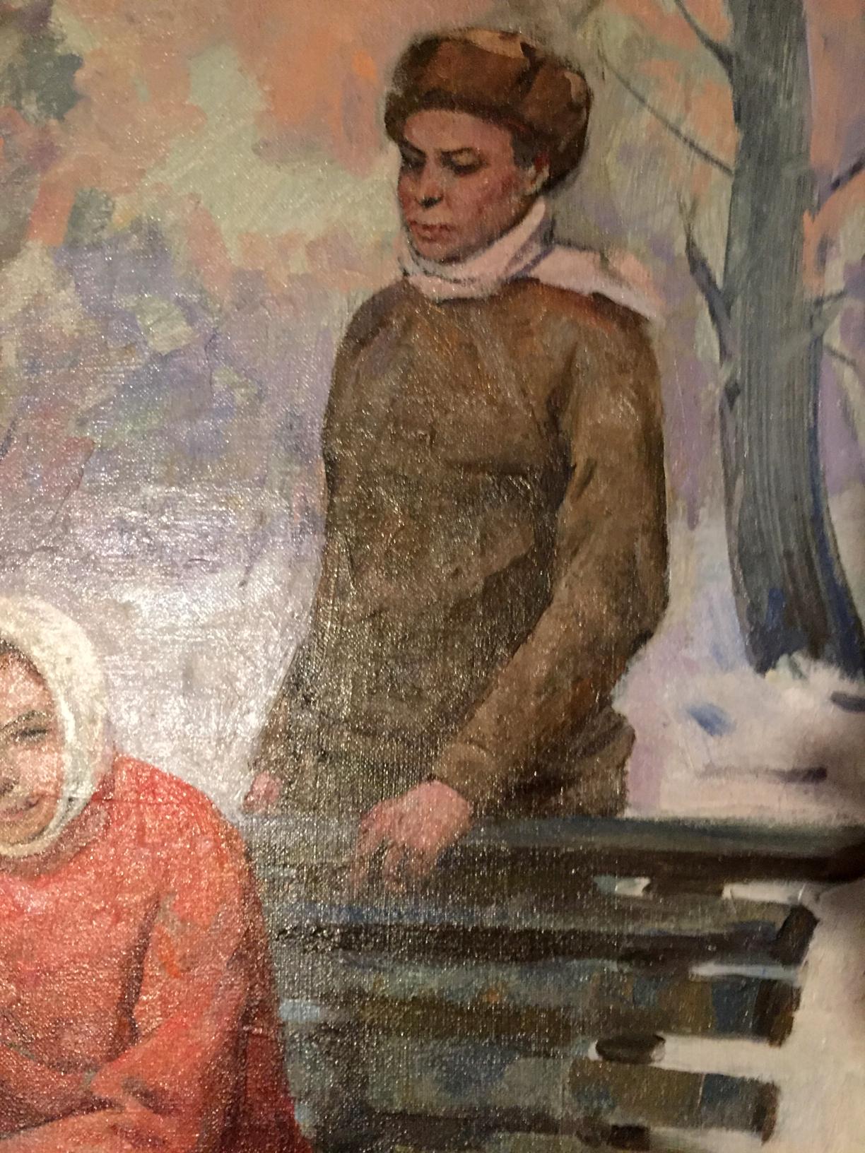 Oil painting by M.y Grigory Semenovich: woman in brown coat and fur hat beside person in orange dress with white headscarf in winter park