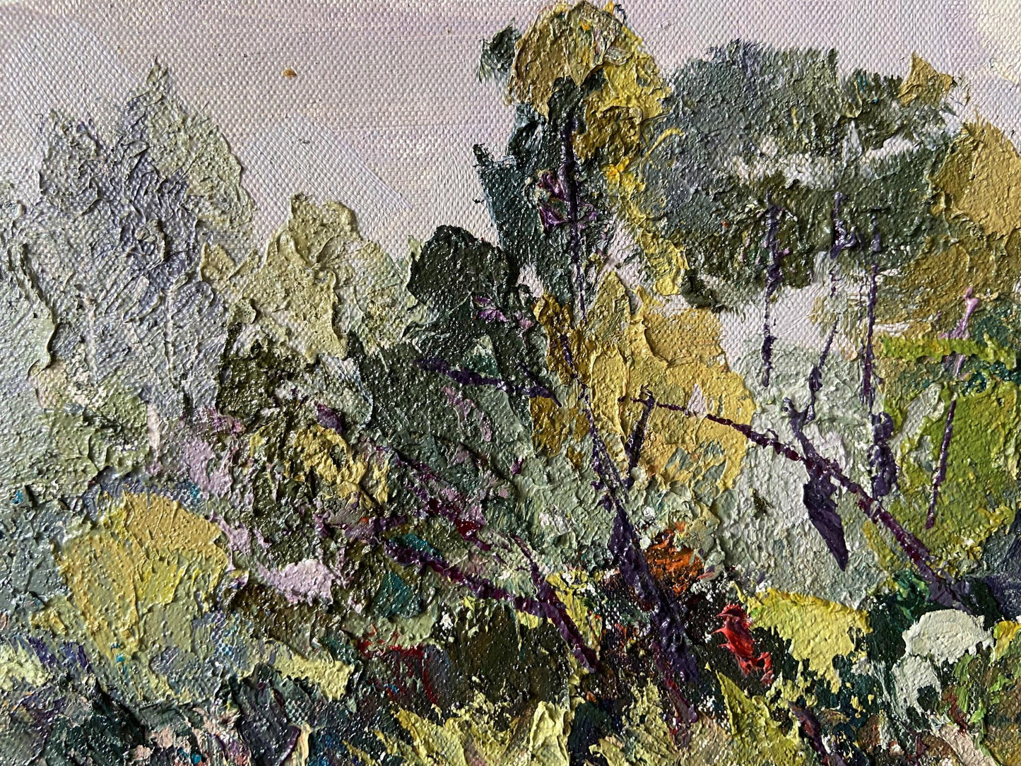 Oil painting of summer sunny landscape by Gaponchenko Ivan Ivanovich, textured green yellow purple strokes