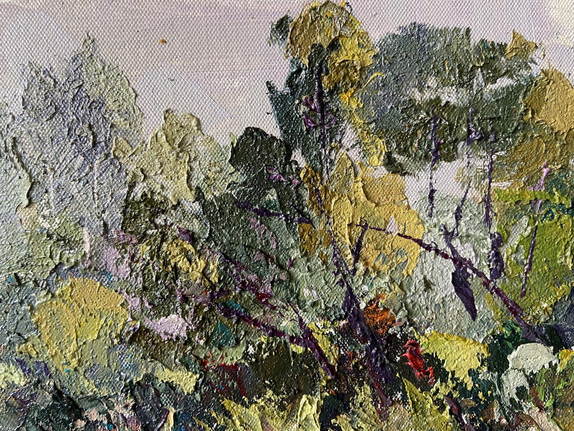 Oil painting of summer sunny landscape by Gaponchenko Ivan Ivanovich, textured green yellow purple strokes
