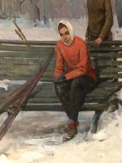 Oil painting by M.y Grigory Semenovich: woman in orange sweater on snowy bench