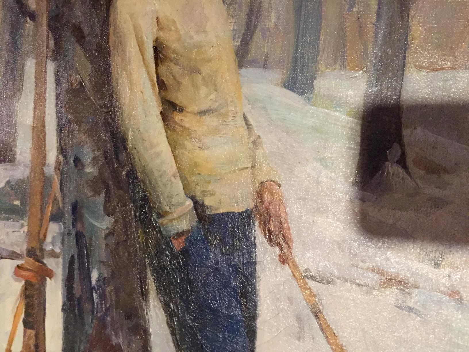 Oil painting by M.y Grigory Semenovich: person in beige jacket, blue pants in snowy forest