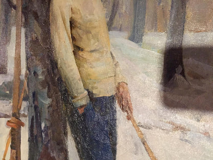 Oil painting by M.y Grigory Semenovich: person in beige jacket, blue pants in snowy forest