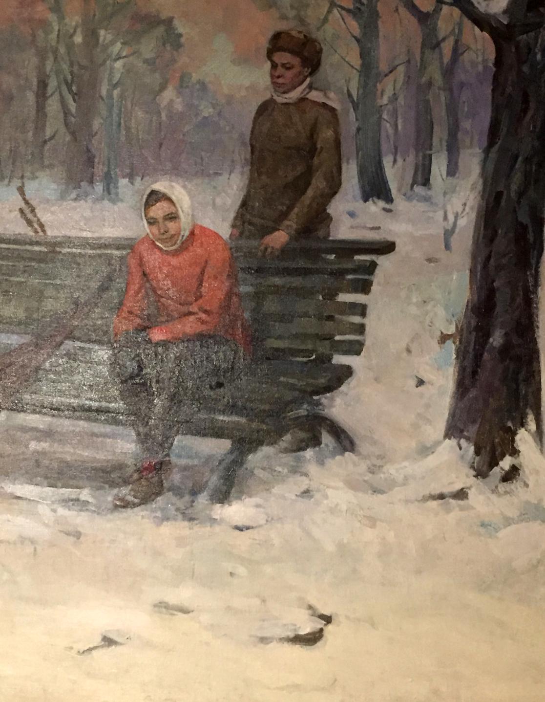 Oil painting of snowy wooden park bench by M.y Grigory Semenovich