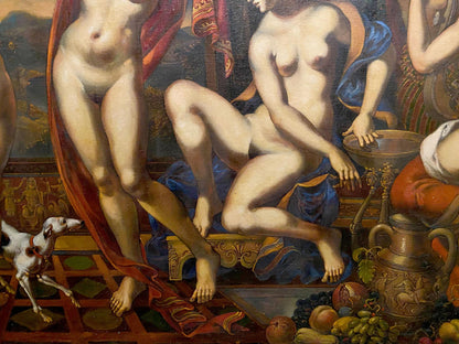 Oil painting Evening in Pompeii by Litvinov Oleg Arkad’yevich, nude figures in red blue fabrics