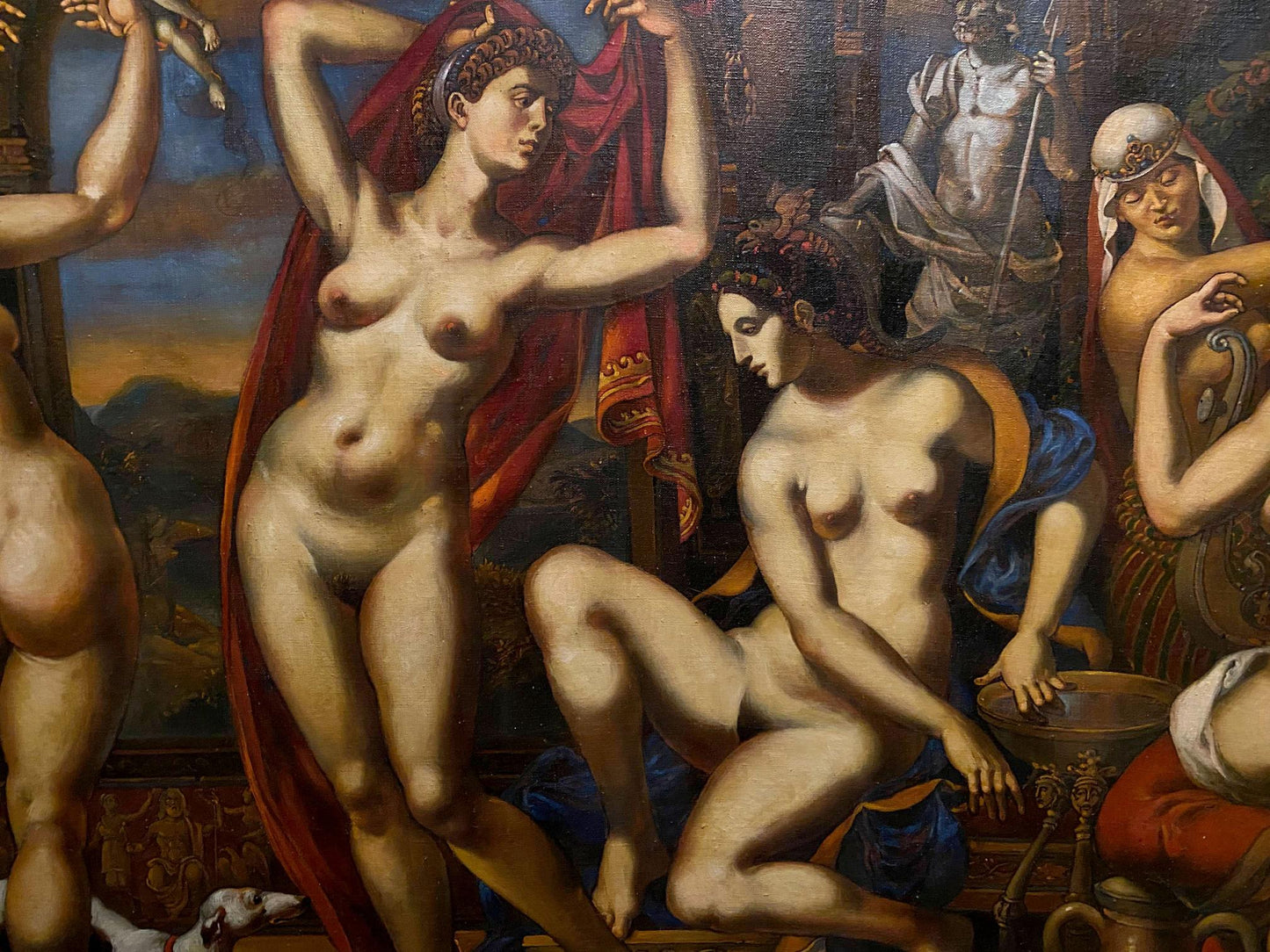 Oil painting Evening in Pompeii by Litvinov Oleg Arkad’yevich: nude figure in red fabric