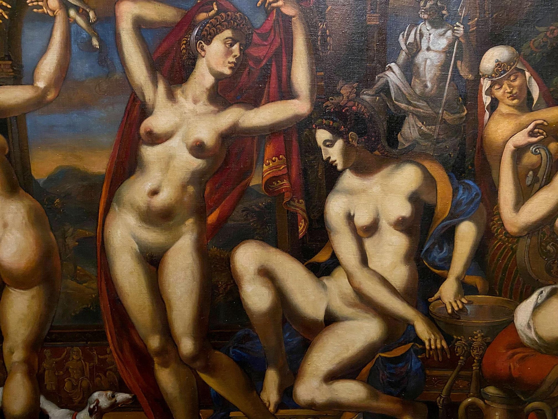 Oil painting Evening in Pompeii by Litvinov Oleg Arkad’yevich: nude figure in red fabric