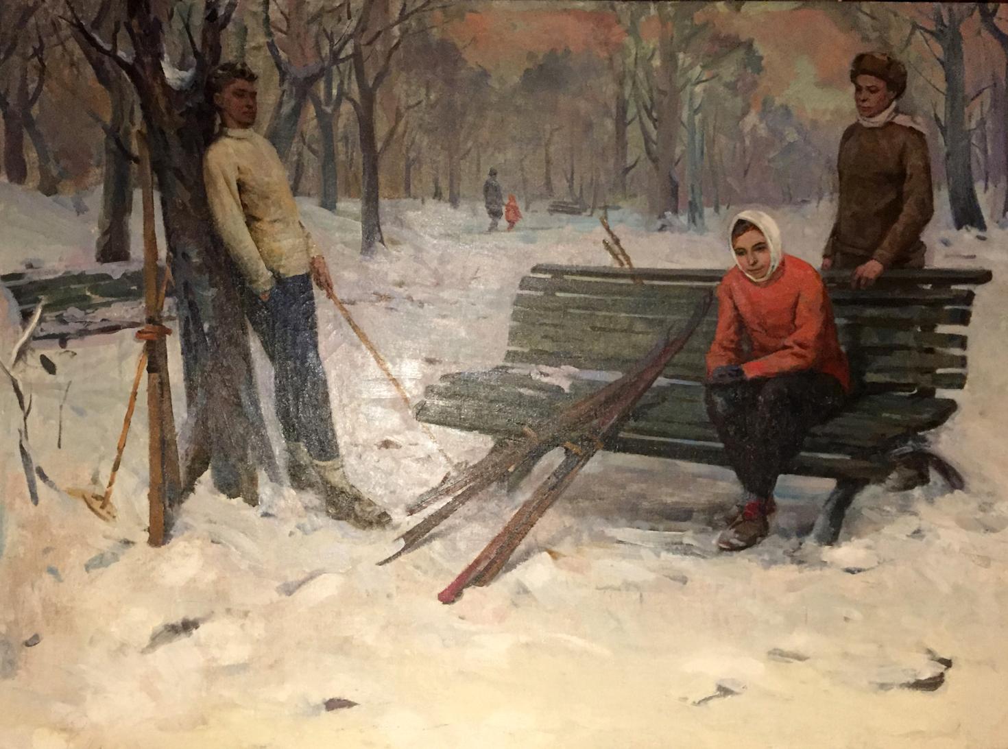 Oil painting of snowy wooden park bench by M.y Grigory Semenovich