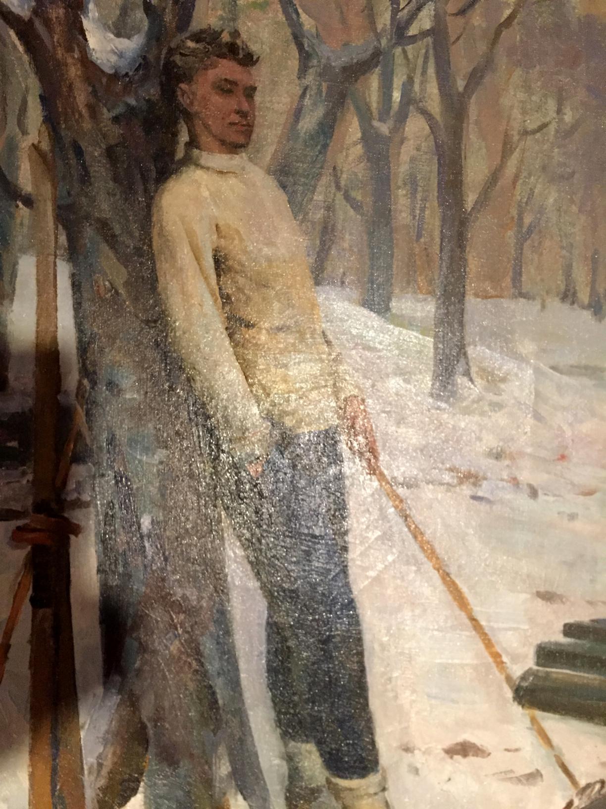 Oil painting of young man in snowy park by M.y Grigory Semenovich