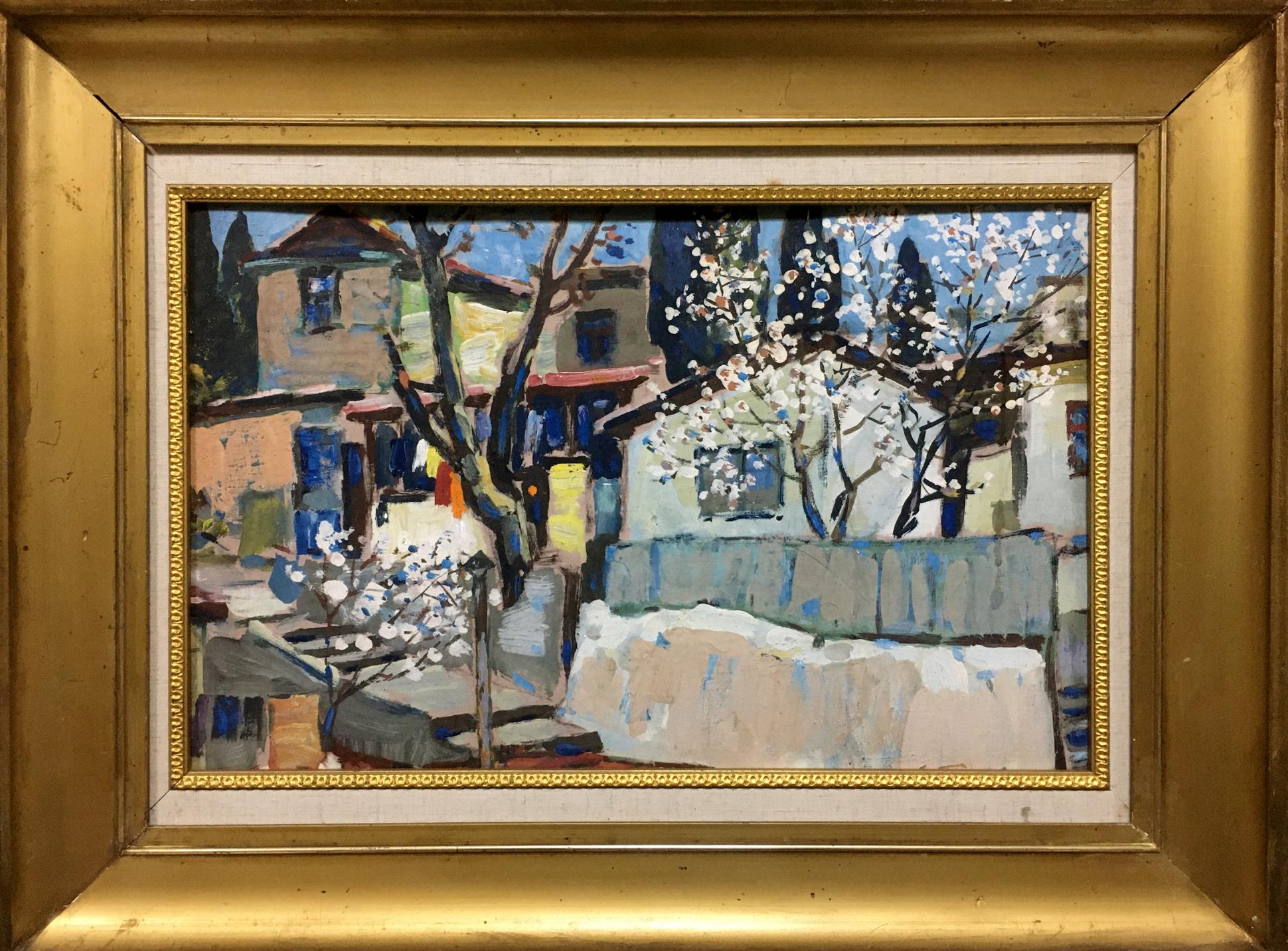 Oil painting Plum blossoms: impressionist sunlit village with blooming white trees