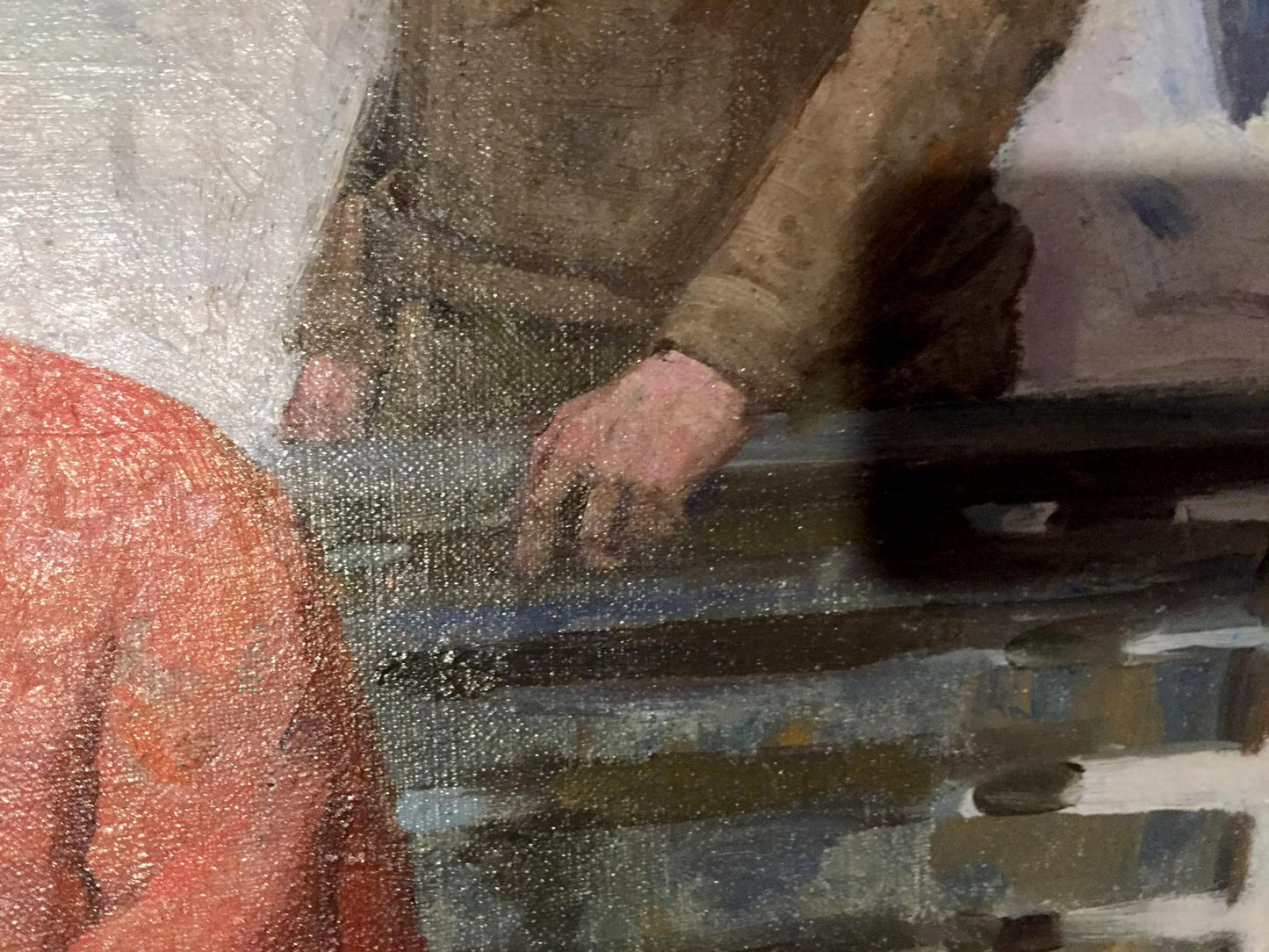 Textured earth-toned hand on wood, back of M.y Grigory Semenovich winter park oil painting
